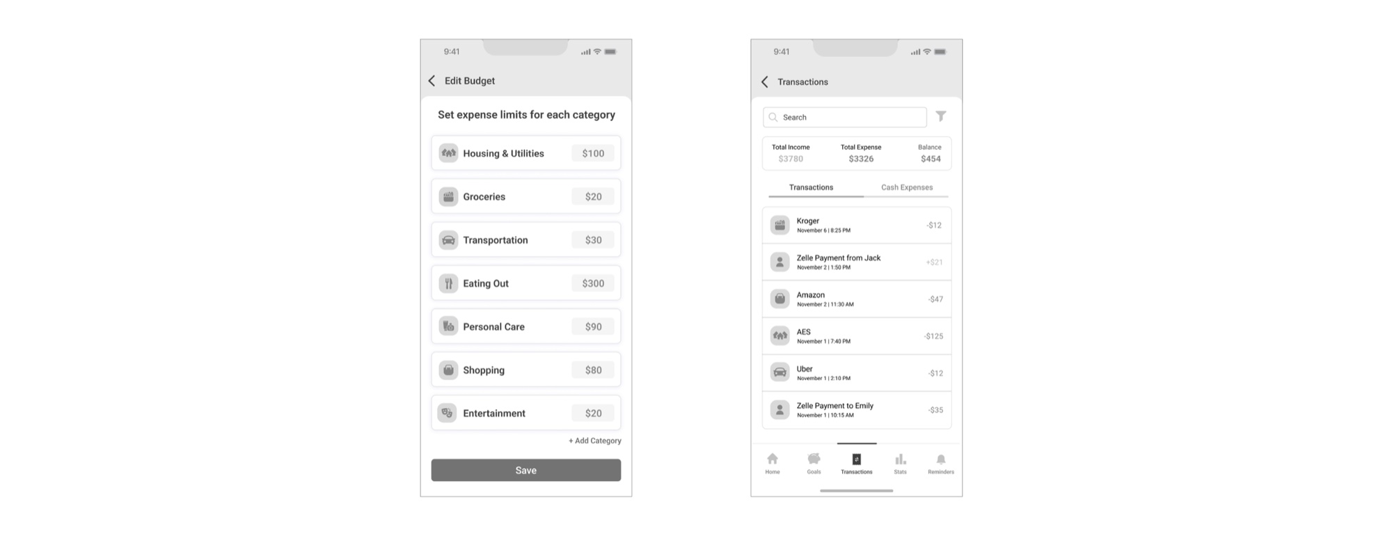 Mid-Fidelity Screen 1 Home Page and Budget Allocation