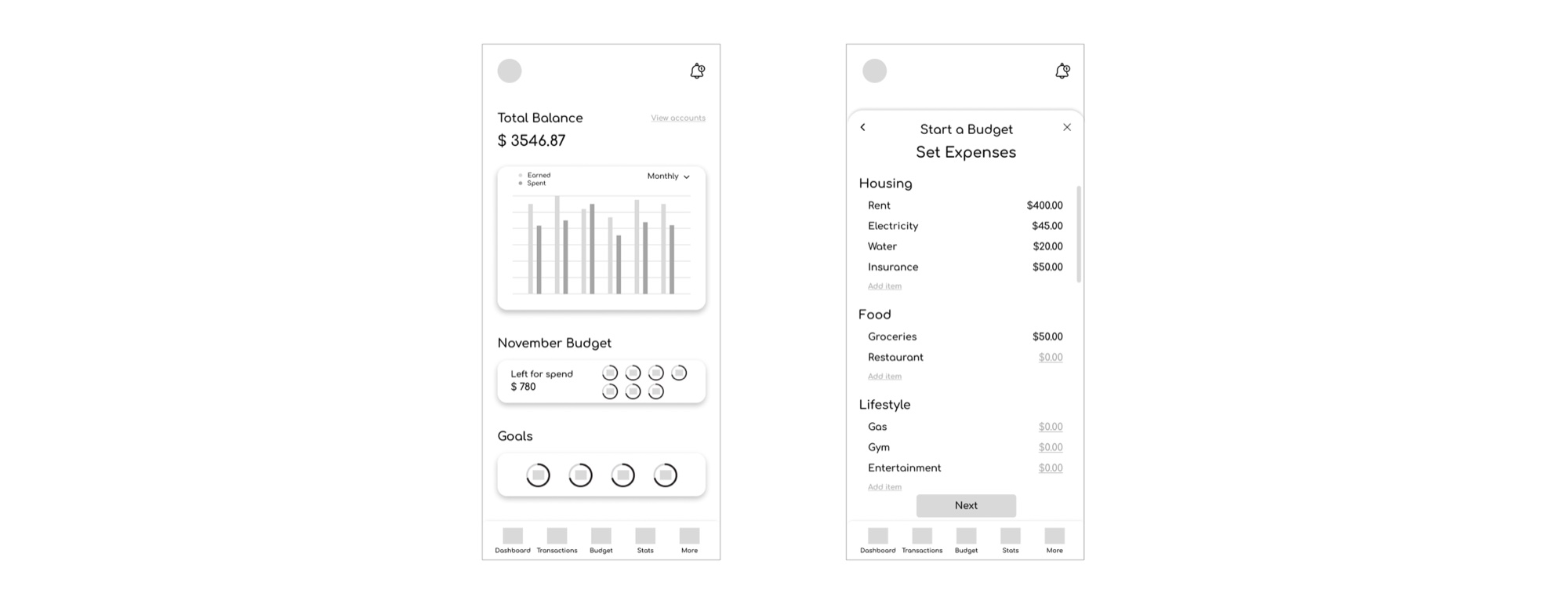 Low-Fidelity Wireframe 1 Home and Budget Setting
